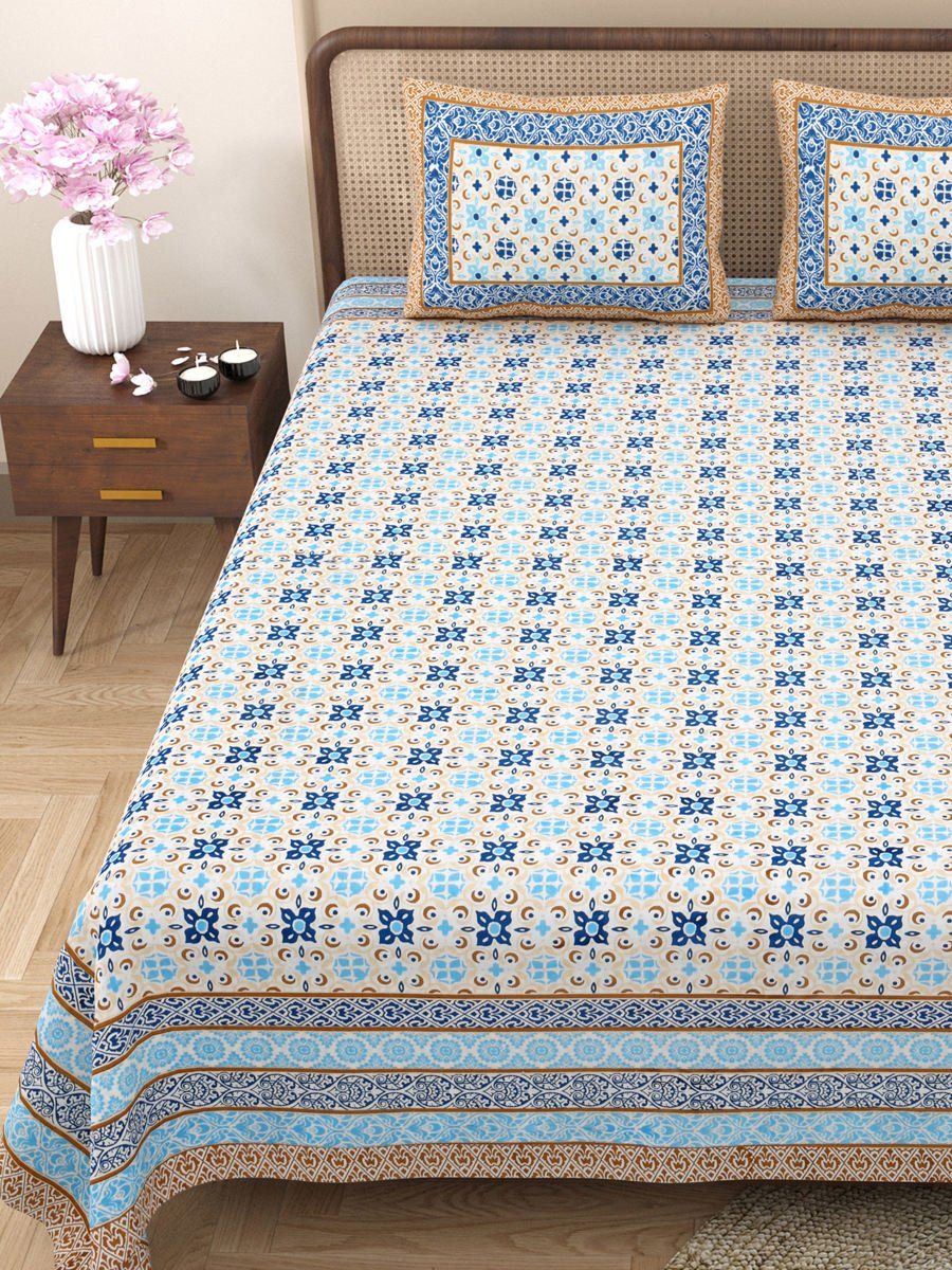 Jaipuri Bedsheet - Traditional Print Double Bedsheet, 2 Pillow Covers  (Blue, 95x108)