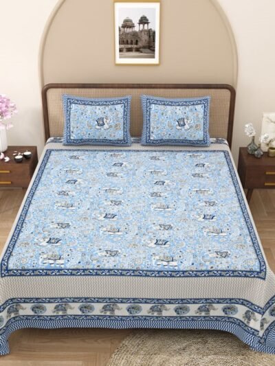 jaipur print - elephant print double bedsheet - blue