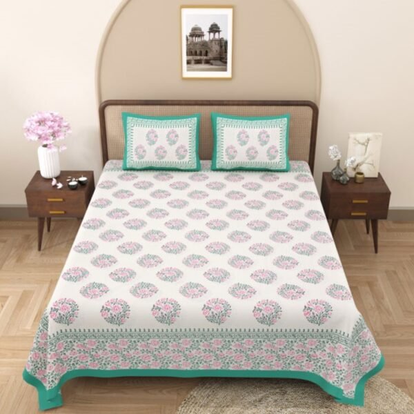 jaipuri print - block print - white green - double bedsheet