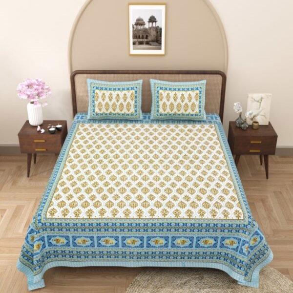 buta print - jaipuri bedsheet - blue gold - double bedsheet