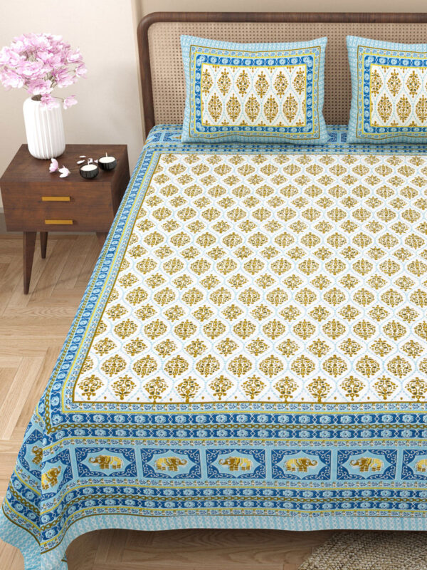 buta print - jaipuri bedsheet - blue gold - double bedsheet