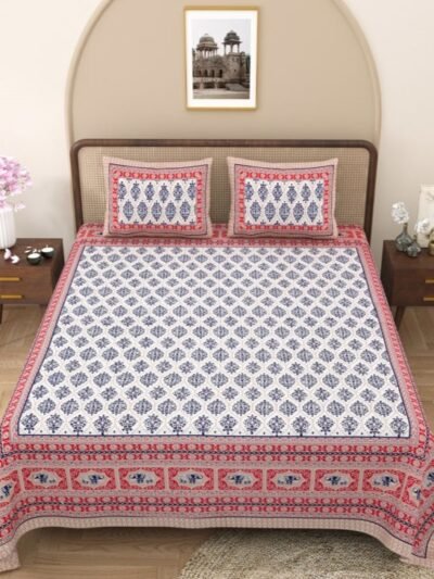 buta print - jaipuri bedsheet - red, blue - double bedsheet