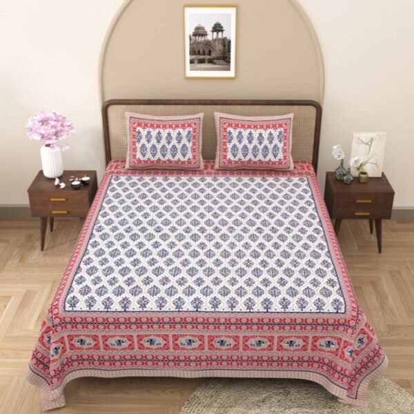 buta print - jaipuri bedsheet - red, blue - double bedsheet
