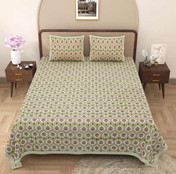 Jaipuri Bedsheet - Ajrakh Print Double Bedsheet, 2 Pillow Covers (Green, 95x108)