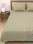 Ajrakh Print Double Bedsheet, 2 Pillow Covers (Green, 95x108)