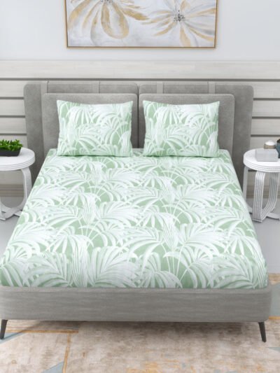 Serenity – Geometric Print Premium Satin Cotton King Size Bedsheet – Green