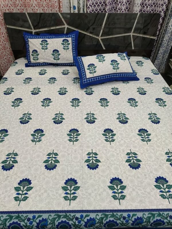 Elite – Block Printed Double Bed Sheet With 2 Pillow Covers (Blue, 100% Cotton, King Size)