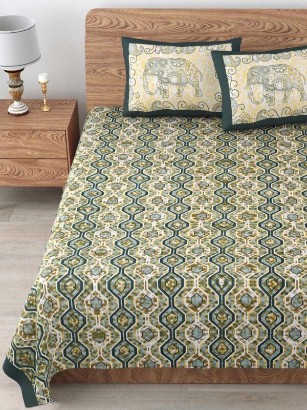 Tulip - Jaal Printed Pure Cotton Queen Size Bedsheet with 2 Pillow Covers (Green)