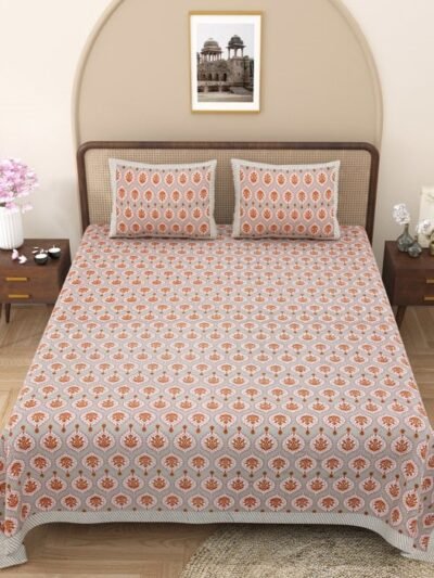 Jaipuri Bedsheet - Ajrakh Print Double Bedsheet, 2 Pillow Covers (Peach, 95x108)