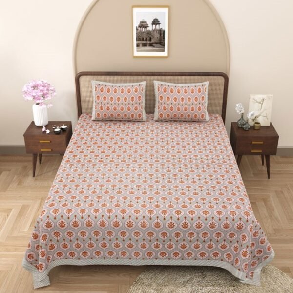 Jaipuri Bedsheet - Ajrakh Print Double Bedsheet, 2 Pillow Covers (Peach, 95x108)
