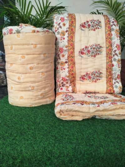 Original Jaipuri Mulmul Razai - Handcrafted Cotton Double Bed Quilt - Yellow- Urban Jaipur