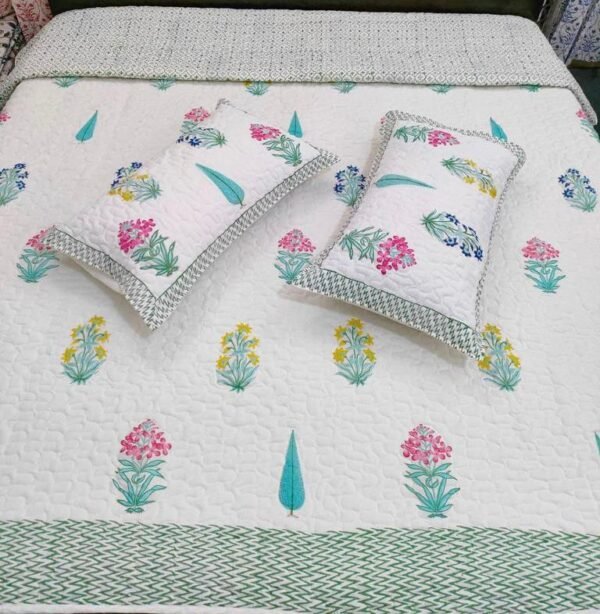 Quilted Blockprint Mulmul Bedcover- Double Size - With 2 Quilted Pillow Cover - yellow pink - lilly