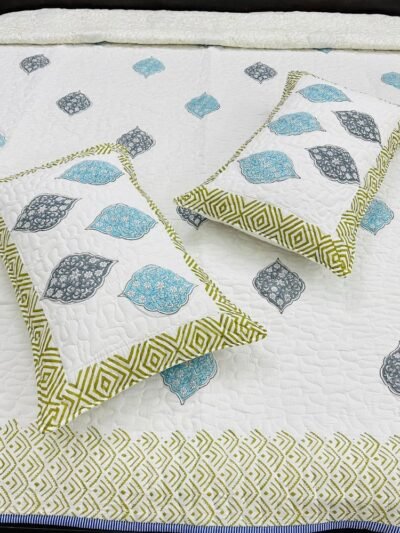 Quilted Blockprint Mulmul Bedcover- Double Size - With 2 Qulited Pillow Cover