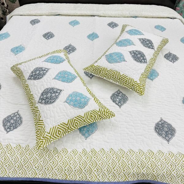 Quilted Blockprint Mulmul Bedcover- Double Size - With 2 Qulited Pillow Cover