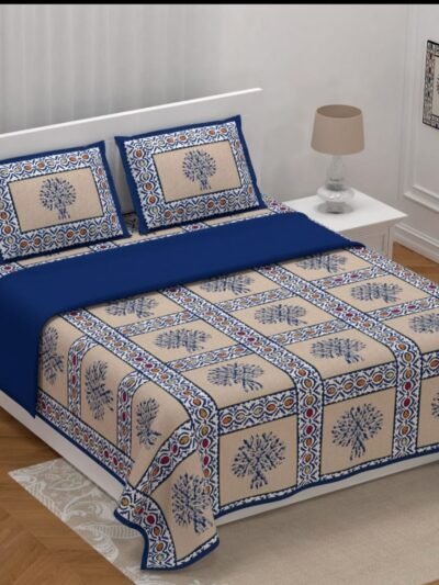 Traditional Barmeri Print Ajrakh King Size Bedsheet - Blue, Cream Base