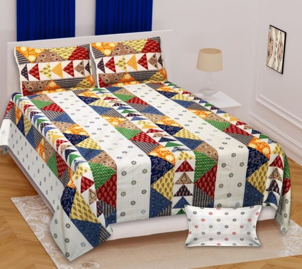 Traditional Barmeri Print King Size Bedsheet - Cream Base - side angle