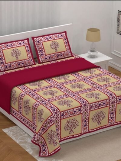 Traditional Barmeri Print Ajrakh King Size Bedsheet - Red, Cream Base