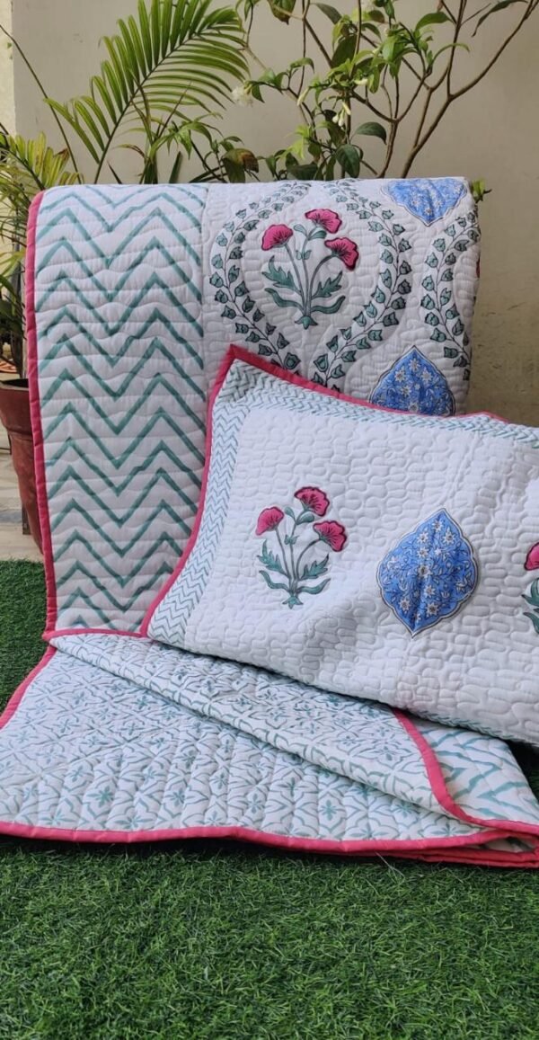 Garden Harmony King Size Hand Block Printed Cotton Quilted Bedcover Set