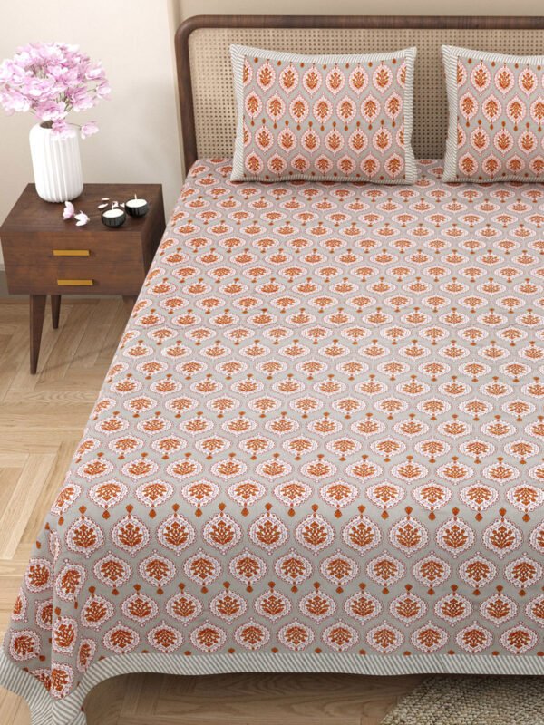 Cosmo - Jaipuri Bedsheet, Ajrakh Print Double Bedsheet, 2 Pillow Covers (Peach, 95x108)