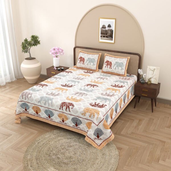 elephant print double bedsheet - orange - side angle