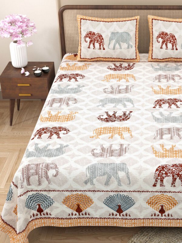 elephant print double bedsheet - orange - close up