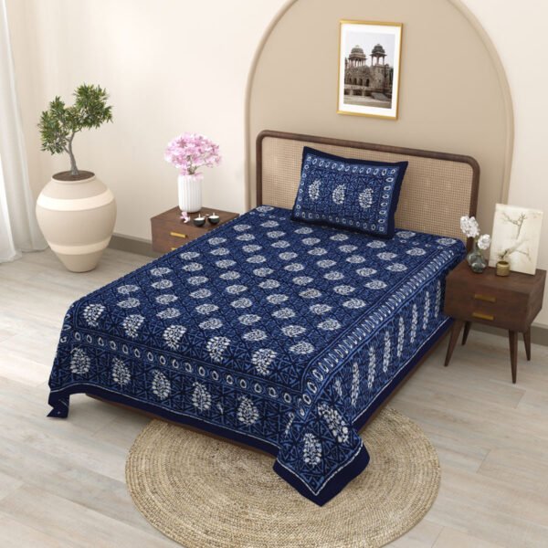Blue colored single bedsheet pure cotton jaipuri print - side angle