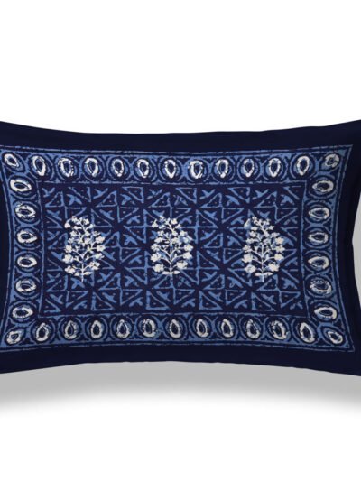 blue pillow features a delicate white floral design