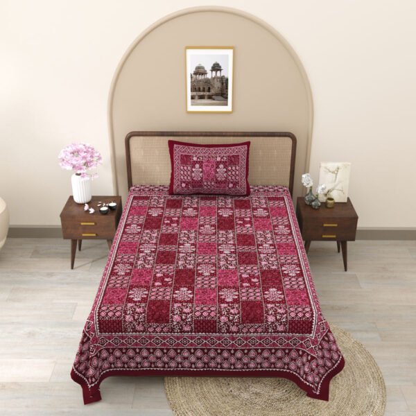 maroon colored single bedsheet pure cotton jaipuri print