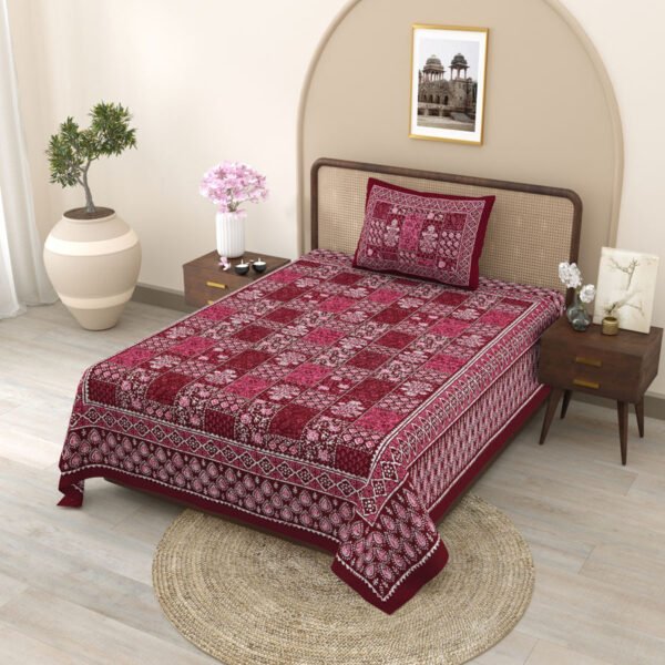 maroon colored single bedsheet pure cotton jaipuri print - side angle of the bedsheet