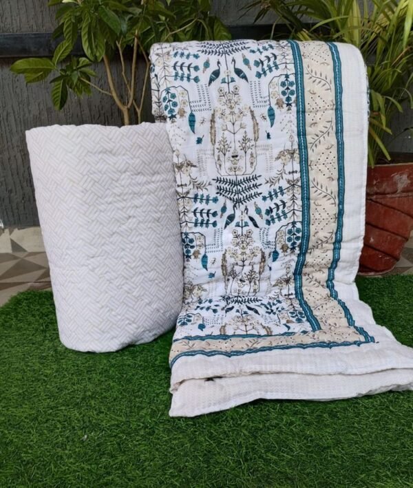Traditional Cotton Mulmul Jaipuri Singe Bed Razai Floral Print - Blue