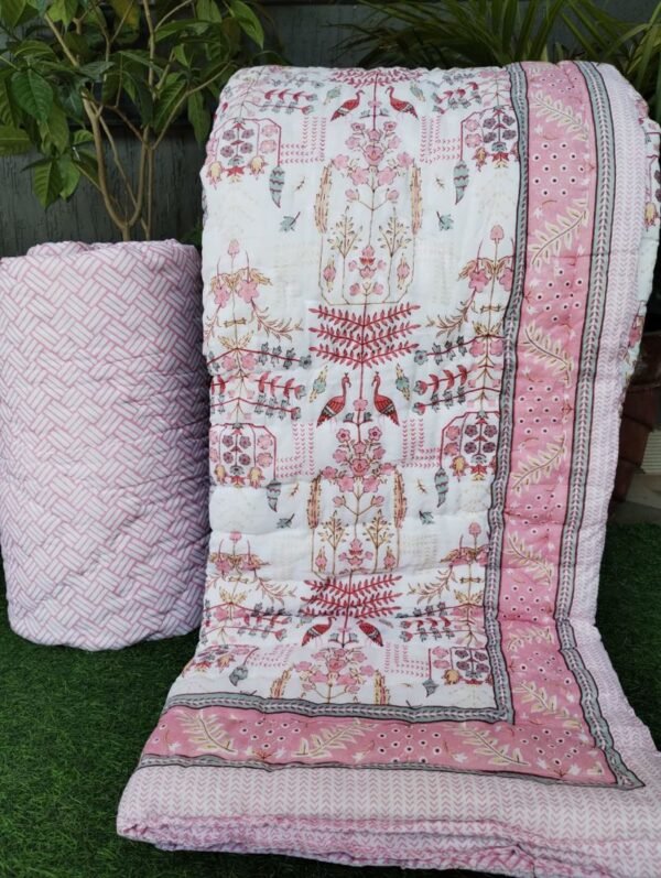 Pure Cotton Mulmul Jaipuri Single Bed Razai - Pink (Floral Print)
