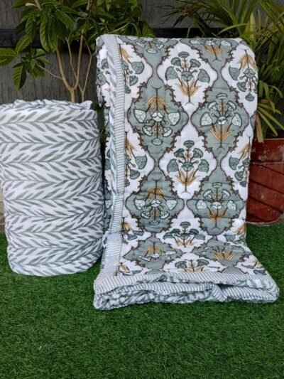 mulmul cotton single bed quilt jaal print green