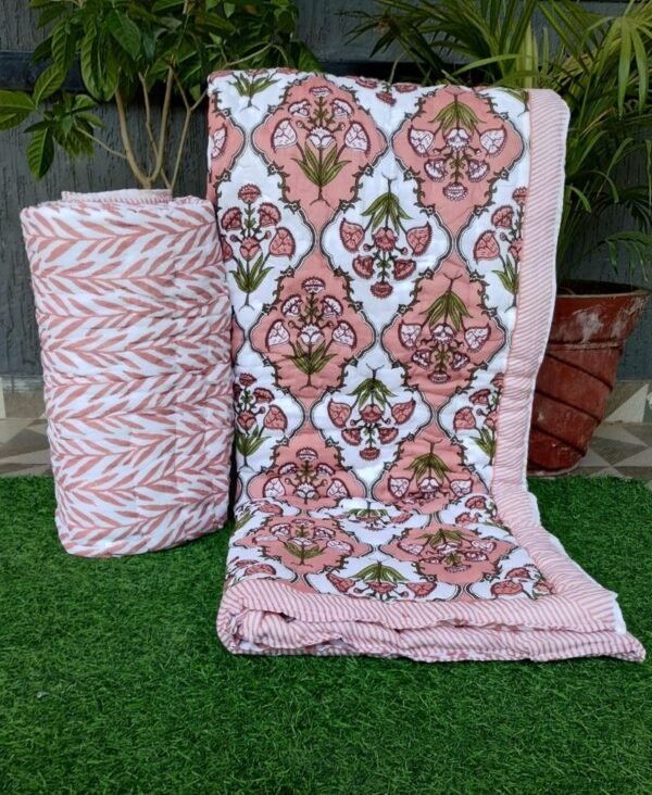 mulmul cotton single bed quilt jaal print pink