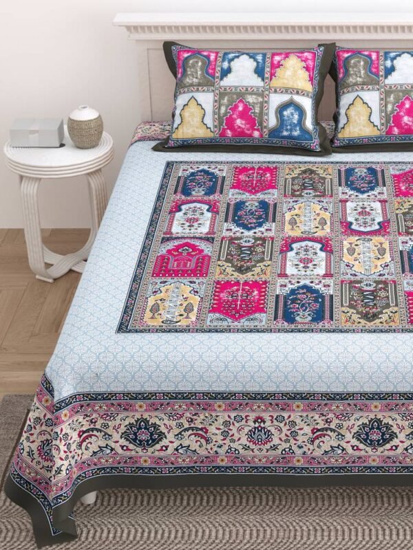 Traditional Jaipuri Print King Size Bedsheet - Blue Base, Set of 1
