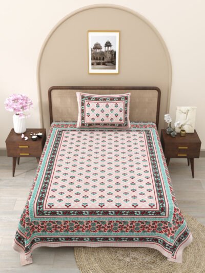 Jaipuri Single Bedsheet With Pillow Cover (100% Cotton, 210 TC) - Peach