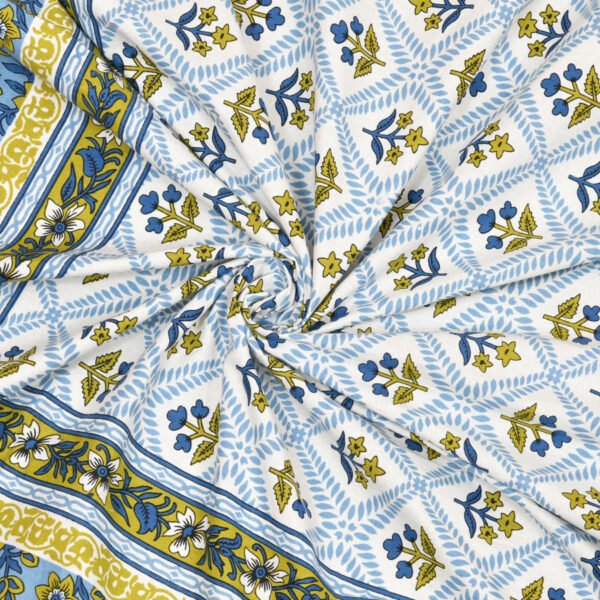 Close-up of blue and green floral print cotton bedsheet, perfect for summer dresses and home decor.