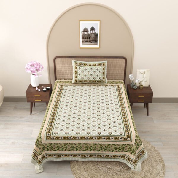 Jaipuri Single Bedsheet With Pillow Cover (100% Cotton, 210 TC) - Mustard