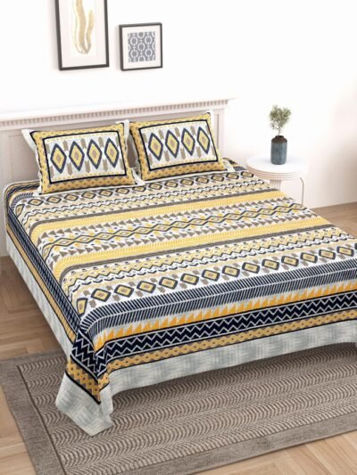 Gulmohar - Ikat Pattern King Size Cotton Bedsheet - Yellow, Blue (100"x108")