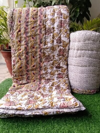 Mulmul Cotton Double Bed Jaipuri Razai Floral Print - Brown, Urban Jaipur