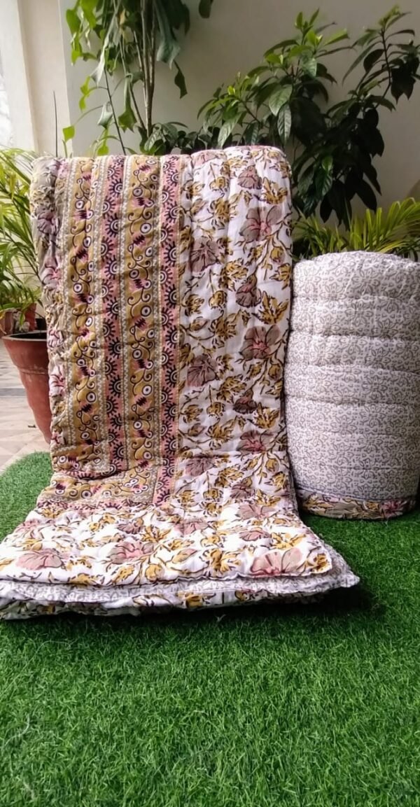 Mulmul Cotton Double Bed Jaipuri Razai Floral Print - Brown, Urban Jaipur