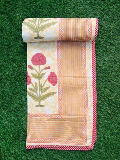 Floral Print Mulmul Cotton Dohar for Double Bed – Red, Yellow