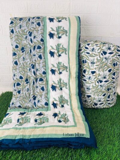 Floral Print 100 gm Jaipuri Razai for Single Bed – Blue