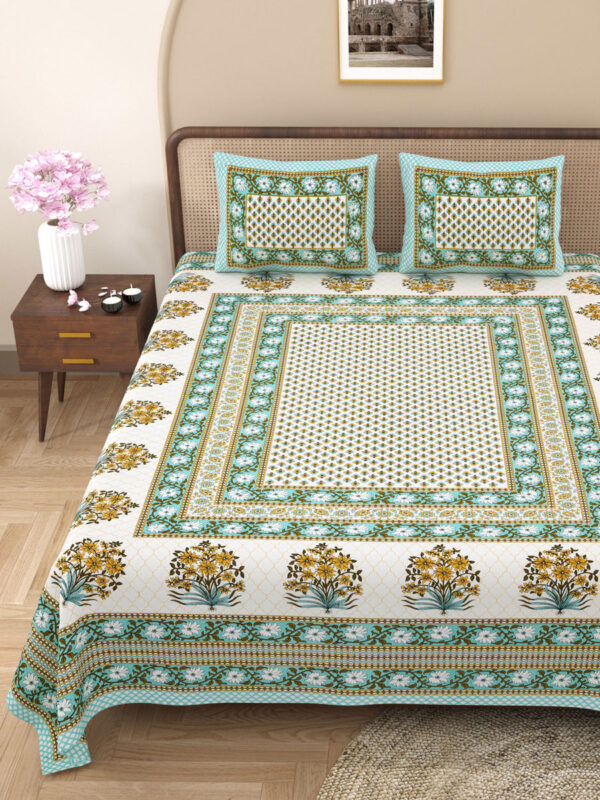 Cosmo - Jaipuri Print Double Bedsheet, 2 Pillow Covers (White, Green, 95x108)