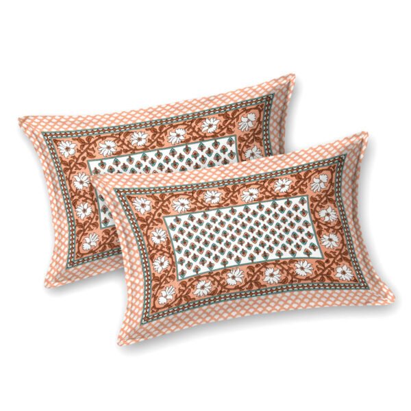 Cosmo - Sanganeri Print Double Bedsheet, 2 Pillow Covers (Orange, White, 95x108)