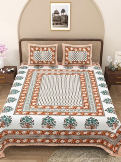 Cosmo - Sanganeri Print Double Bedsheet, 2 Pillow Covers (Orange, White, 95x108)