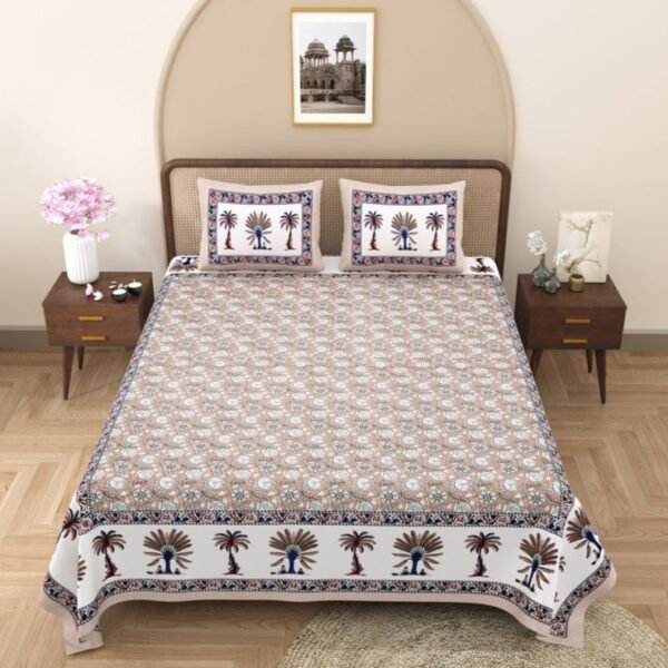 Cosmo - Sanganeri Floral Print Double Bedsheet With Pillow Covers (Brown)