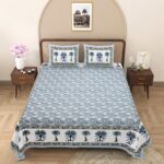 Cosmo - Sanganeri Floral Print Double Bedsheet With Pillow Covers (Blue)