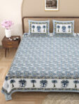 Cosmo - Sanganeri Floral Print Double Bedsheet With Pillow Covers (Blue)