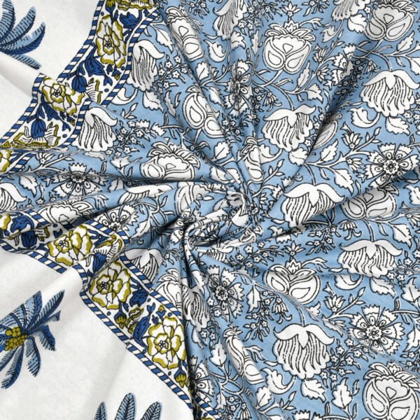Cosmo - Sanganeri Floral Print Double Bedsheet With Pillow Covers (Blue)