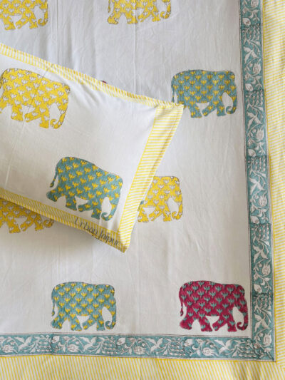 Harmony- Block Printed Bedsheet Elephant Motifs Print, King Size